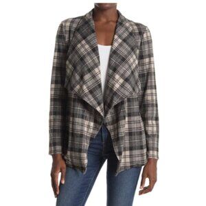 BB Dakota XS Women Gray Beige Plaid Open Draped Jersey Knit Cardigan Sweater